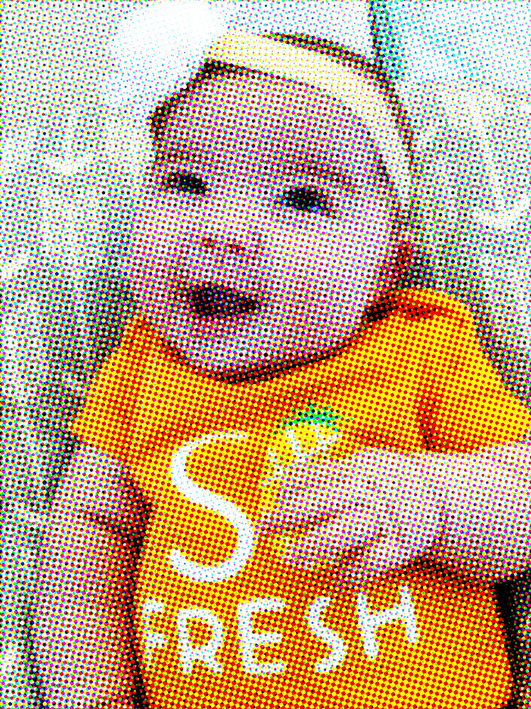 A smiling baby with a shirt that reads 'So Fresh', where the letter 'o' in 'So' is in the form of a pineapple.